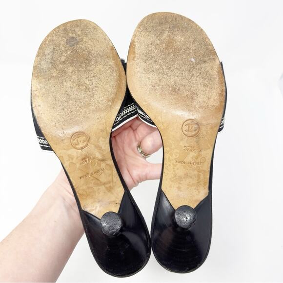 Chanel Vintage Black Embroidered Logo Slide Heels Size 37.5 - Picture 11 of 12